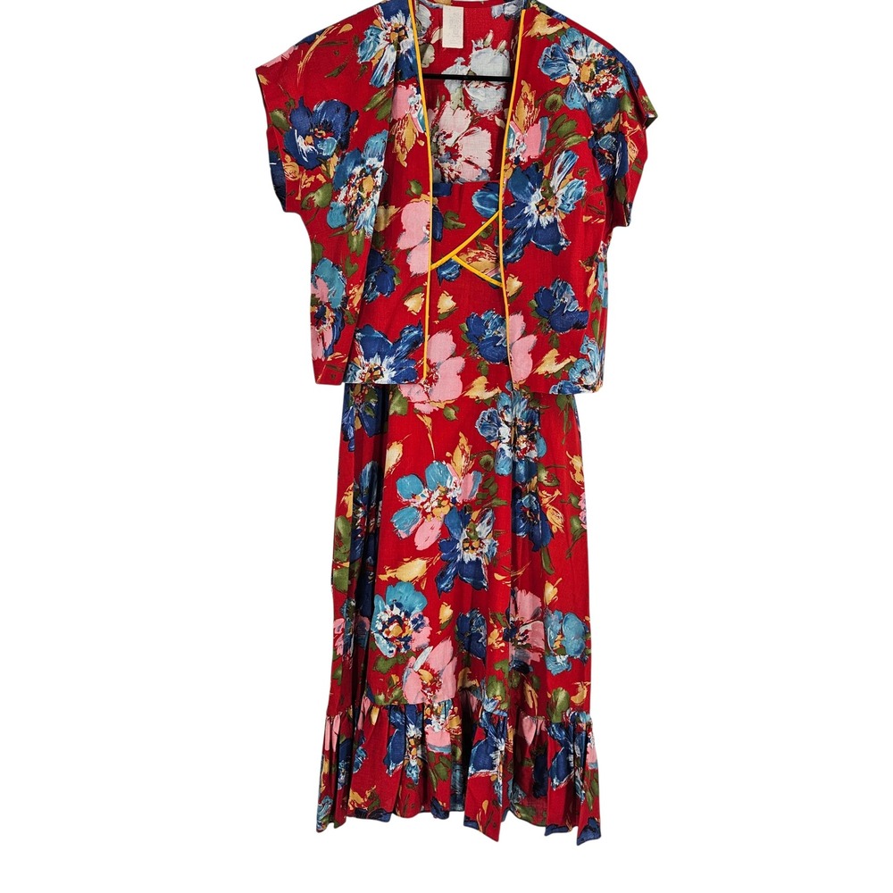 VTG 2 Piece Dress Set Red Floral Bolero Jacket Smocked Ruffle Hem Midi Retro S